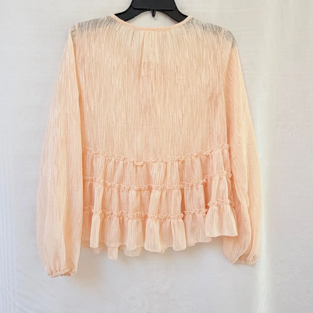 Sadie and Sage Womens Small Sheer Peach Blouse Ruffle Blouse Tiered Lace Fairy